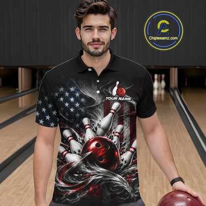 Custom American Flag Smoke Strike Bowling Team Shirts Bowling Jersey for Men Bowling League HNT621