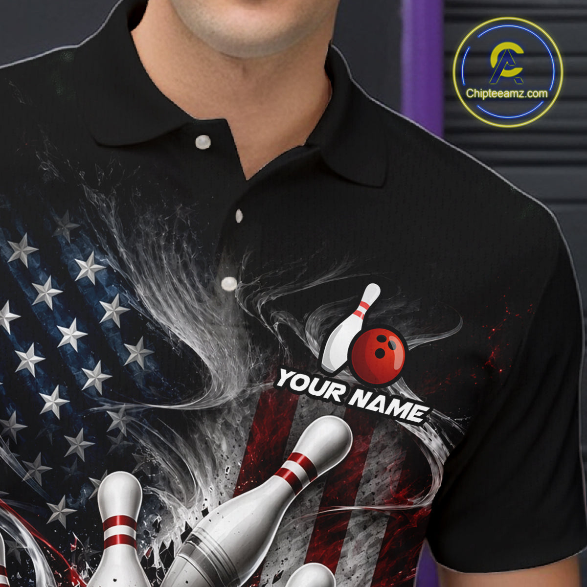 Custom American Flag Smoke Strike Bowling Team Shirts Bowling Jersey for Men Bowling League HNT621