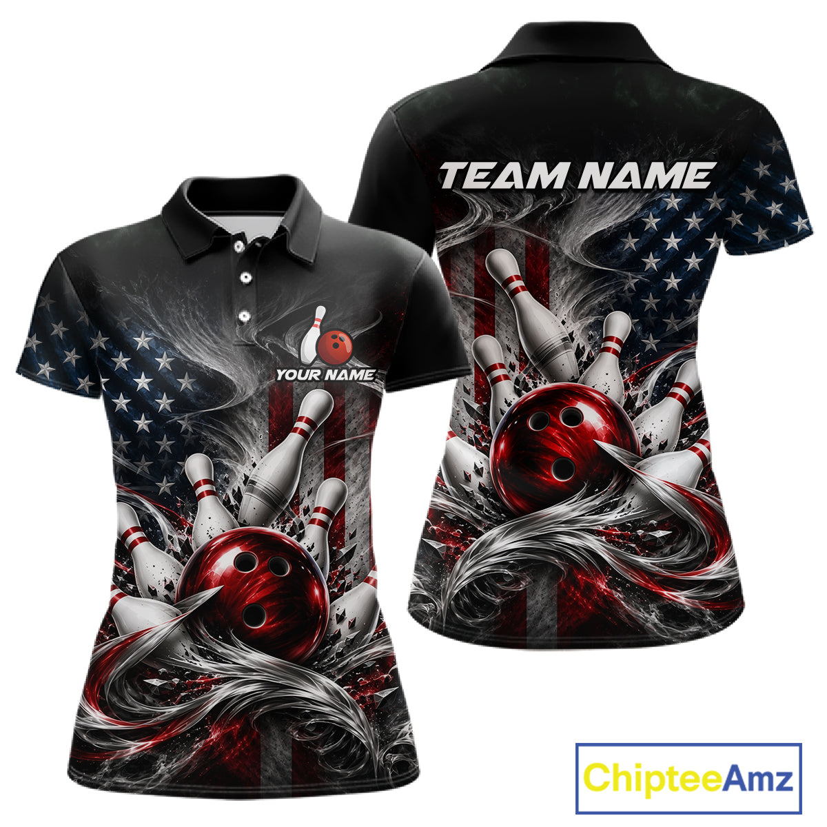 Custom American Flag Smoke Strike Bowling Team Shirts Bowling Jersey for Women Bowling League HNT621