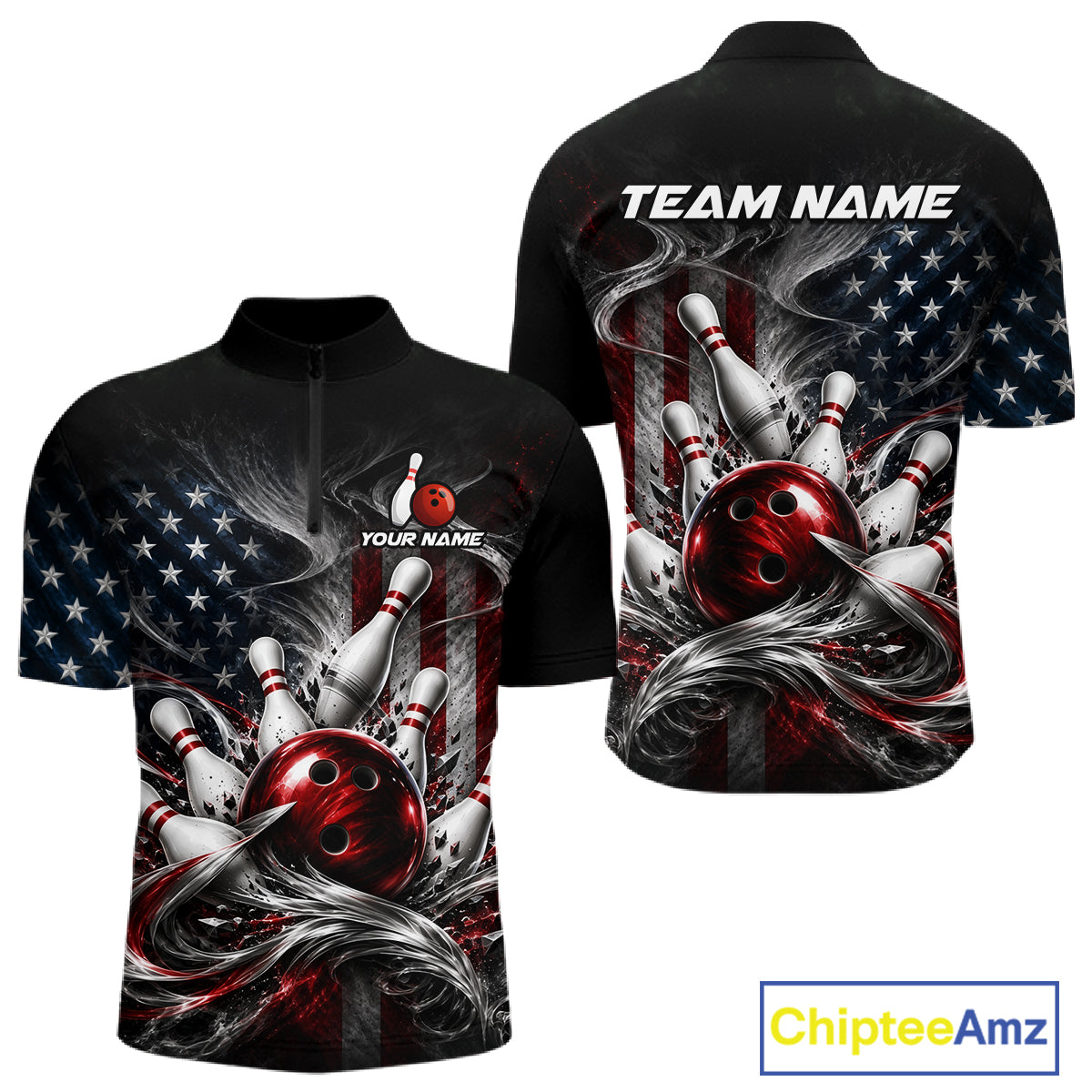 Custom American Flag Smoke Strike Bowling Team Shirts Bowling Jersey for Men Bowling League HNT621