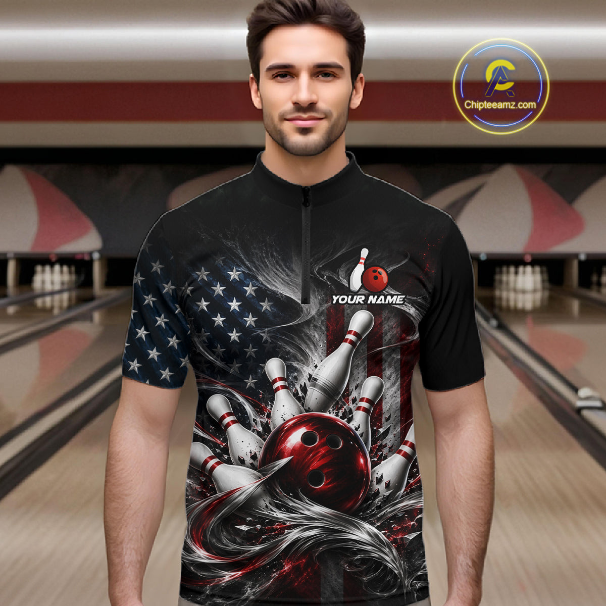 Custom American Flag Smoke Strike Bowling Team Shirts Bowling Jersey for Men Bowling League HNT621