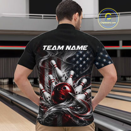 Custom American Flag Smoke Strike Bowling Team Shirts Bowling Jersey for Men Bowling League HNT621
