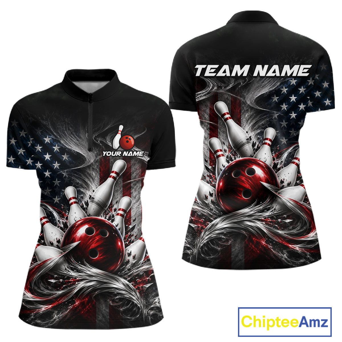 Custom American Flag Smoke Strike Bowling Team Shirts Bowling Jersey for Women Bowling League HNT621
