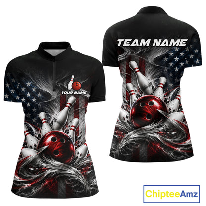 Custom American Flag Smoke Strike Bowling Team Shirts Bowling Jersey for Women Bowling League HNT621