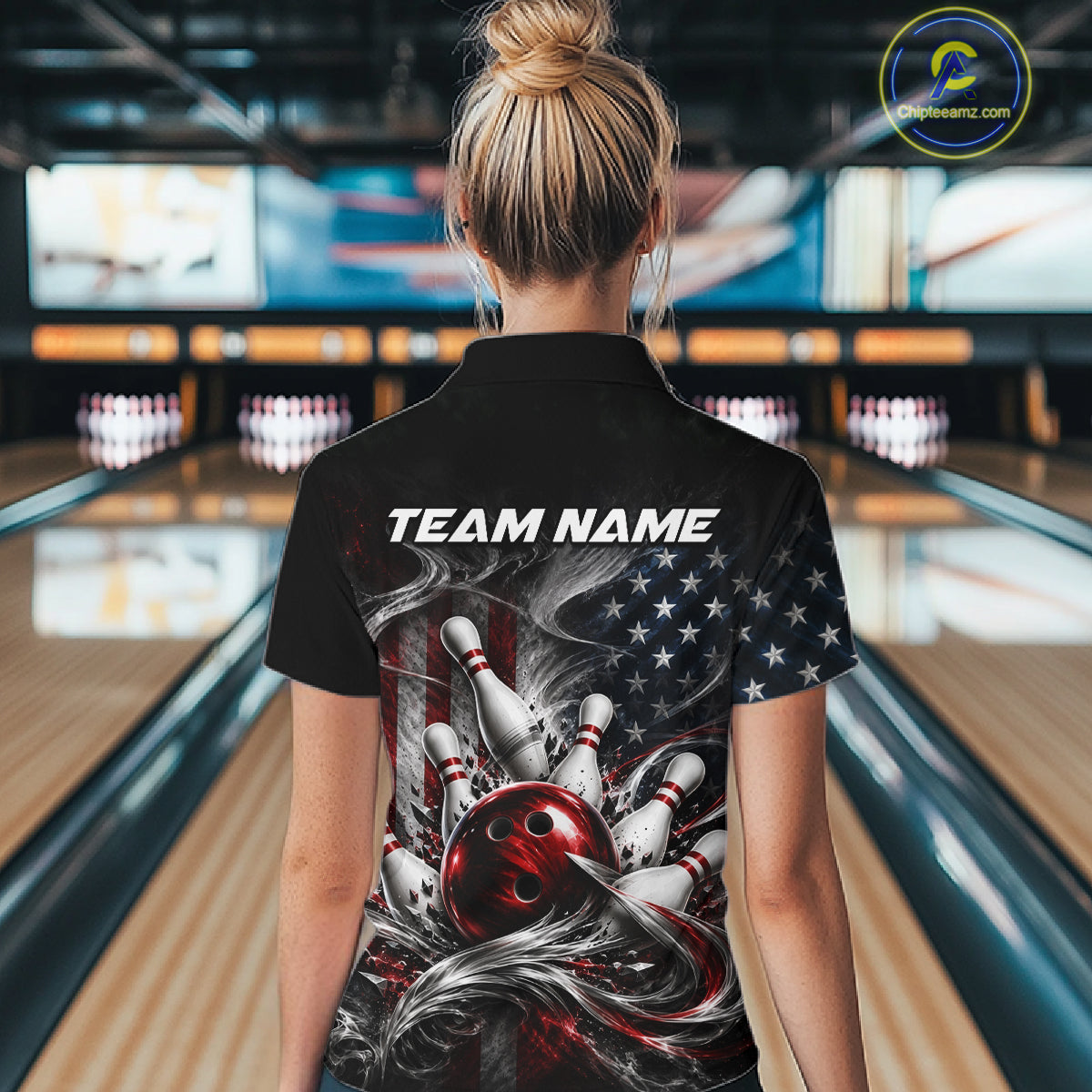 Custom American Flag Smoke Strike Bowling Team Shirts Bowling Jersey for Women Bowling League HNT621