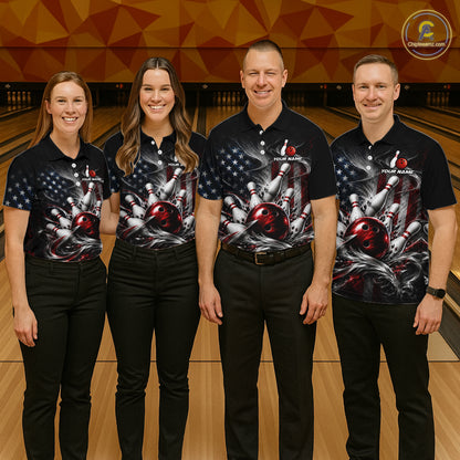 Custom American Flag Smoke Strike Bowling Team Shirts Bowling Jersey for Men Bowling League HNT621