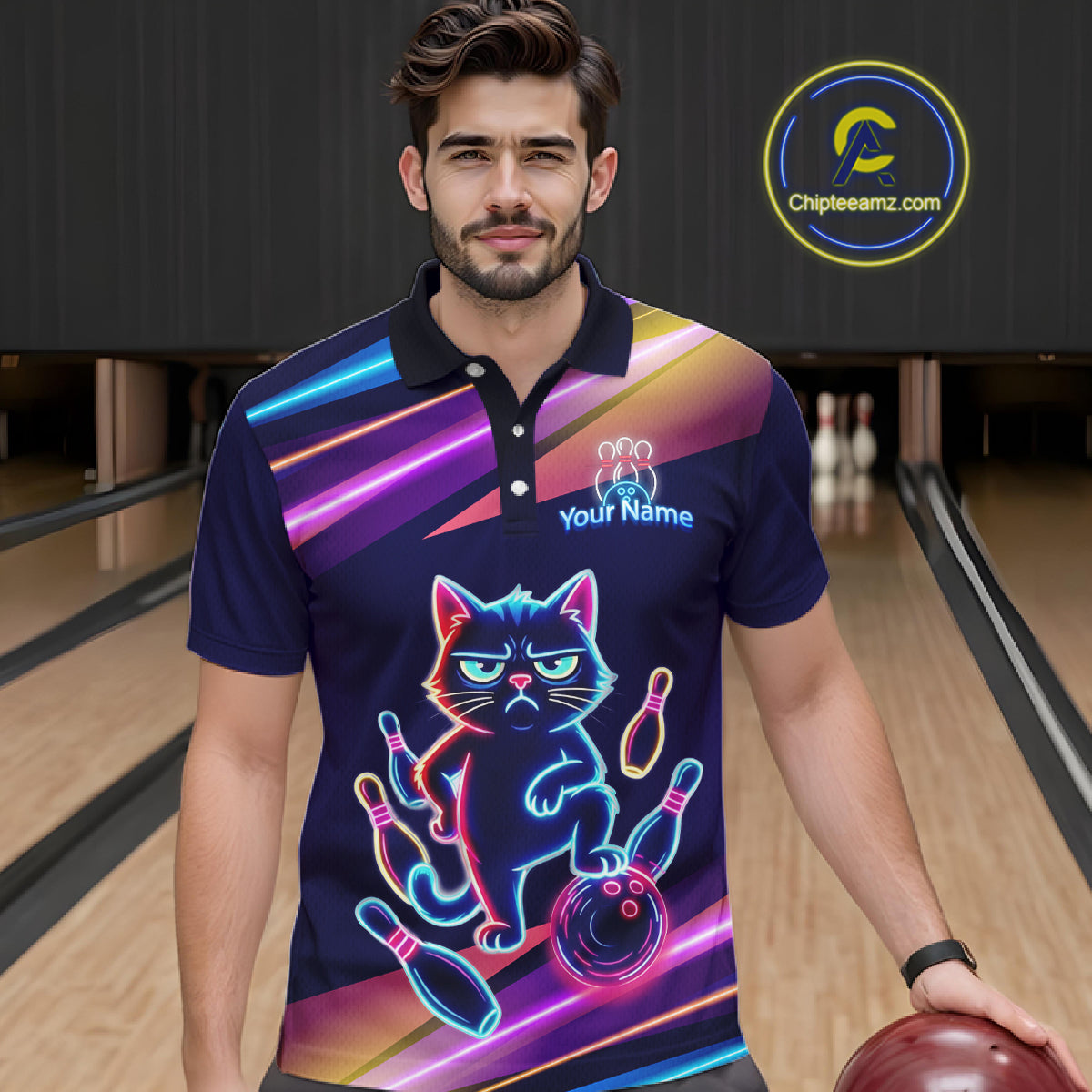 Custom Funny Cat Neon Bowling Jerseys for Men Bowling League Polo & 1/4 Zip Bowling Team Shirts HNT202