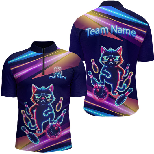 Custom Funny Cat Neon Bowling Jerseys for Men Bowling League Polo & 1/4 Zip Bowling Team Shirts HNT202