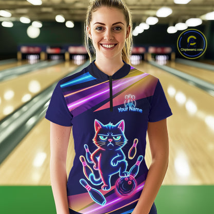 Custom Funny Cat Neon Bowling Jerseys for Women Bowling League Polo & 1/4 Zip Bowling Team Shirts HNT202