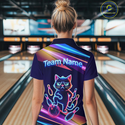 Custom Funny Cat Neon Bowling Jerseys for Women Bowling League Polo & 1/4 Zip Bowling Team Shirts HNT202