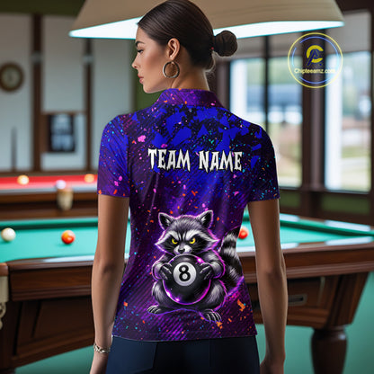 Personalized Funny Raccoon 8 Ball Pool Women Billiard Polo & 1/4 Zip, Billiard Shirt, Billiard Team Jerseys NNT145