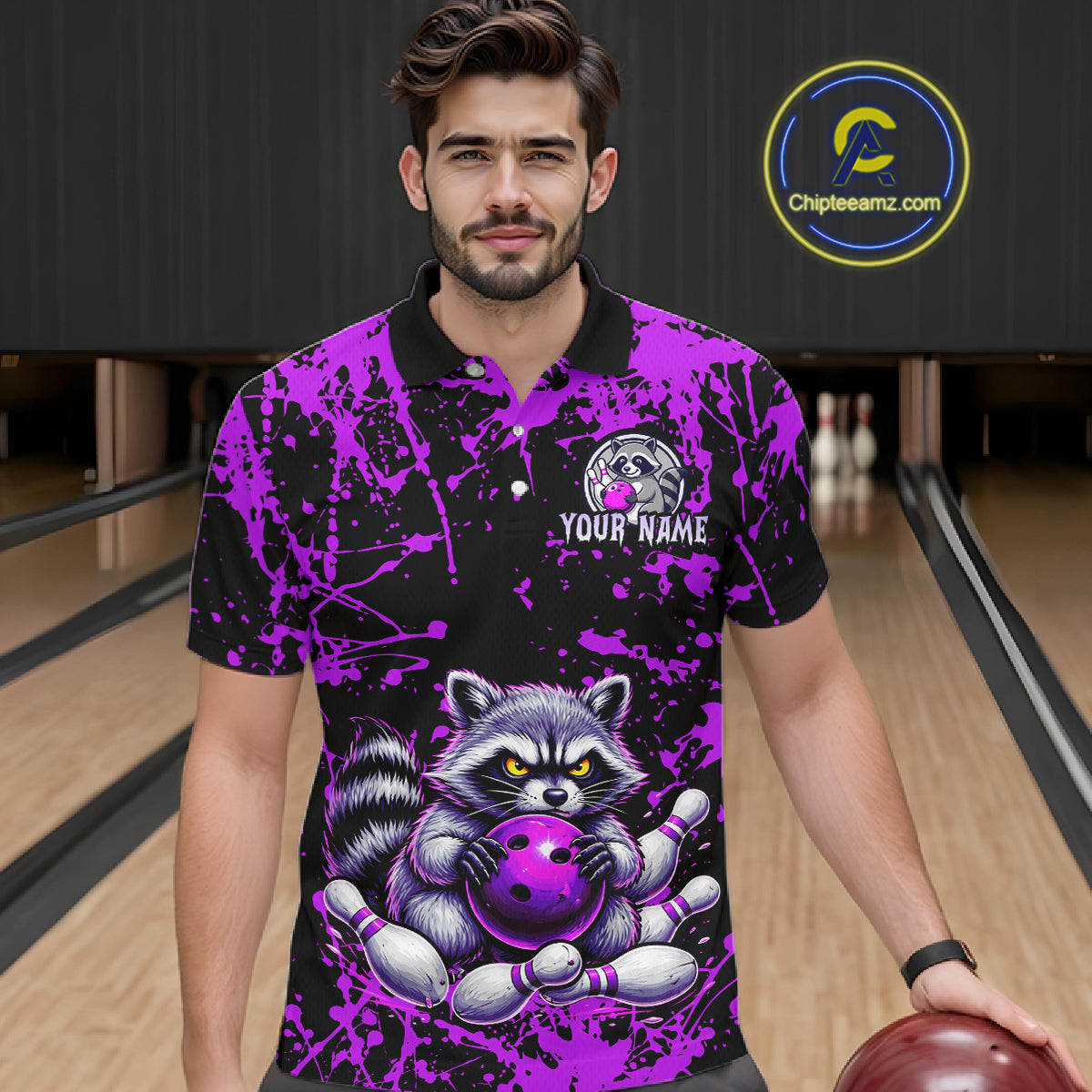 Custom Purple Raccoon Bowling Jersey for Men Bowling Uniform Polo & 1/4 Zip Bowling Team Shirts HNT224