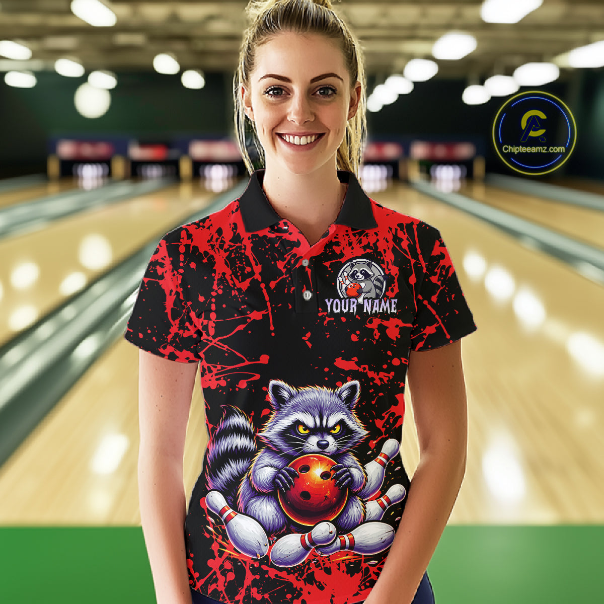 Custom Red Raccoon Bowling Jersey for Women Bowling Uniform Polo & 1/4 Zip Bowling Team Shirts HNT224