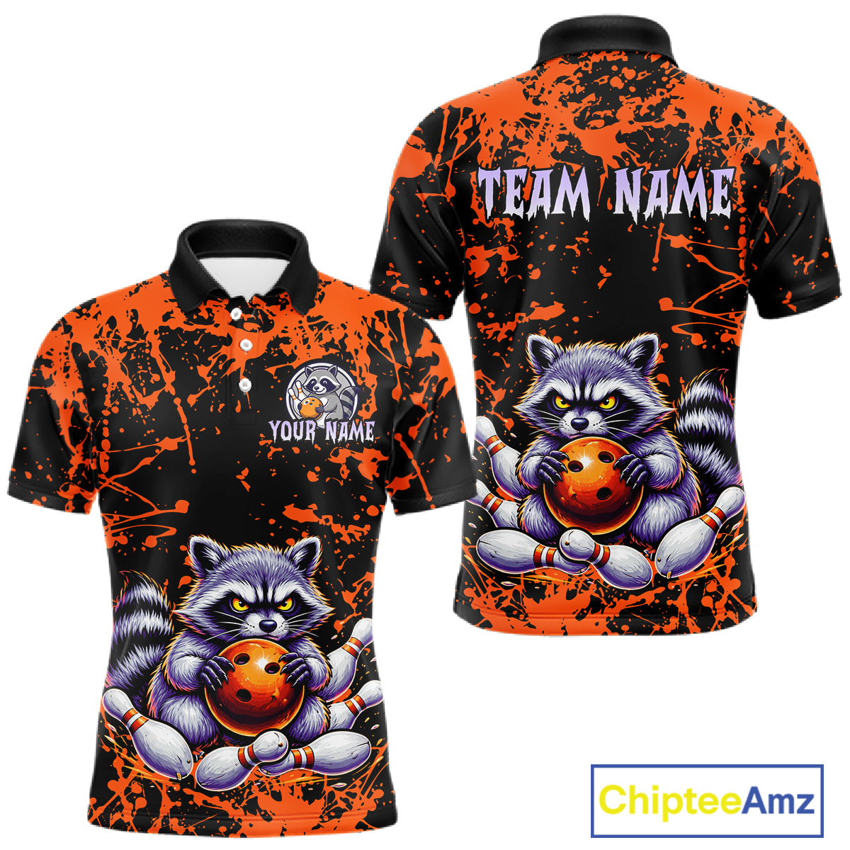 Custom Orange Raccoon Bowling Jersey for Men Bowling Uniform Polo & 1/4 Zip Bowling Team Shirts HNT224