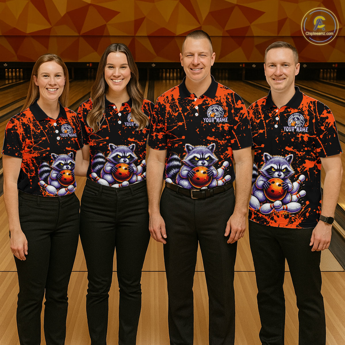 Custom Orange Raccoon Bowling Jersey for Men Bowling Uniform Polo & 1/4 Zip Bowling Team Shirts HNT224