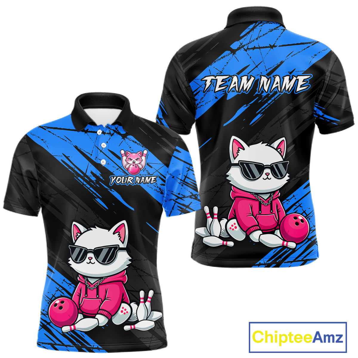 Custom Funny Blue Cat Bowling Jersey for Men Bowling Team Shirts Bowling Polo & 1/4 Zip HNT257