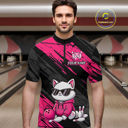 Custom Funny Pink Cat Bowling Jersey for Men Bowling Team Shirts Bowling Polo & 1/4 Zip HNT257