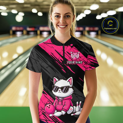 Custom Funny Pink Cat Bowling Jersey for Women Bowling Team Shirts Bowling Polo & 1/4 Zip HNT257