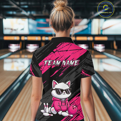 Custom Funny Pink Cat Bowling Jersey for Women Bowling Team Shirts Bowling Polo & 1/4 Zip HNT257