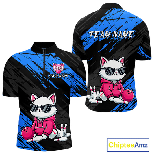 Custom Funny Blue Cat Bowling Jersey for Men Bowling Team Shirts Bowling Polo & 1/4 Zip HNT257