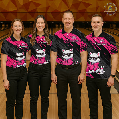Custom Funny Pink Cat Bowling Jersey for Women Bowling Team Shirts Bowling Polo & 1/4 Zip HNT257