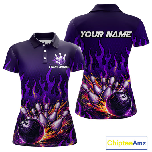 Purple Flaming Bowling Jersey for Women Custom Bowling League Bowling Team Shirts HN293