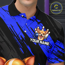 Load image into Gallery viewer, Black and blue polo shirt with a dog bowling graphic and 'Your Name' text, brand logo visible.