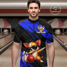 Load image into Gallery viewer, Man wearing a custom bowling-themed t-shirt with a dog graphic in a bowling alley.