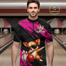Load image into Gallery viewer, Man wearing a bowling-themed shirt with a dog graphic in a bowling alley.