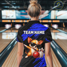Load image into Gallery viewer, Person wearing a bowling shirt with a dog graphic and 'TEAM NAME' text in a bowling alley.