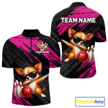 Load image into Gallery viewer, Bowling-themed shirt with a dog design, customizable text, and brand logo.