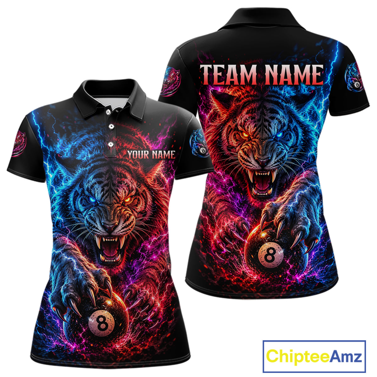 Polo shirt with tiger design and customizable text on a white background