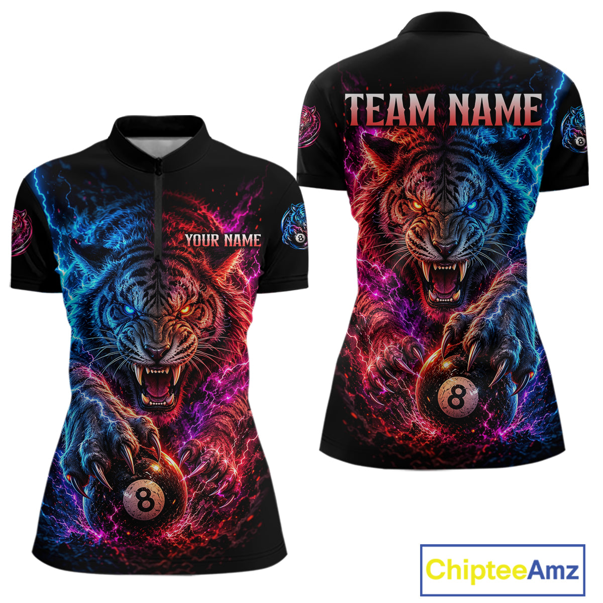 Black polo shirt with a colorful tiger design and 'Team Name' text on a white background.