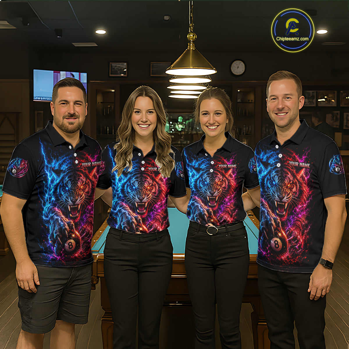 Four people wearing matching polo shirts with a colorful tiger design in a bar setting.