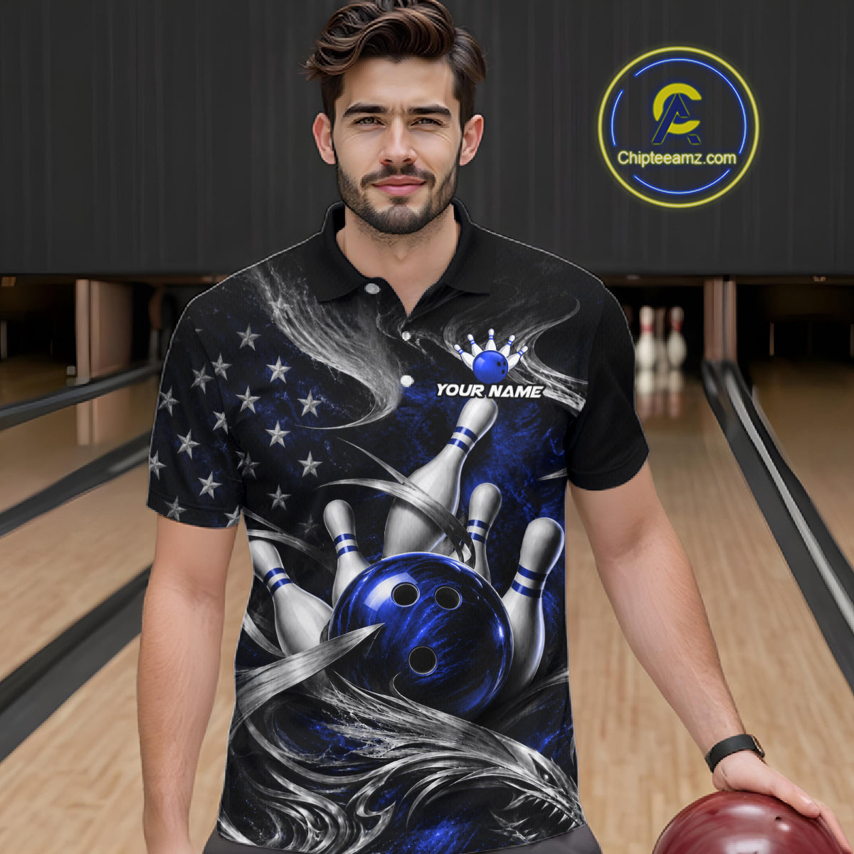 Custom Blue Silver Smoke Bowling Team Shirts Bowling Jersey for Men Bowling League HNT536