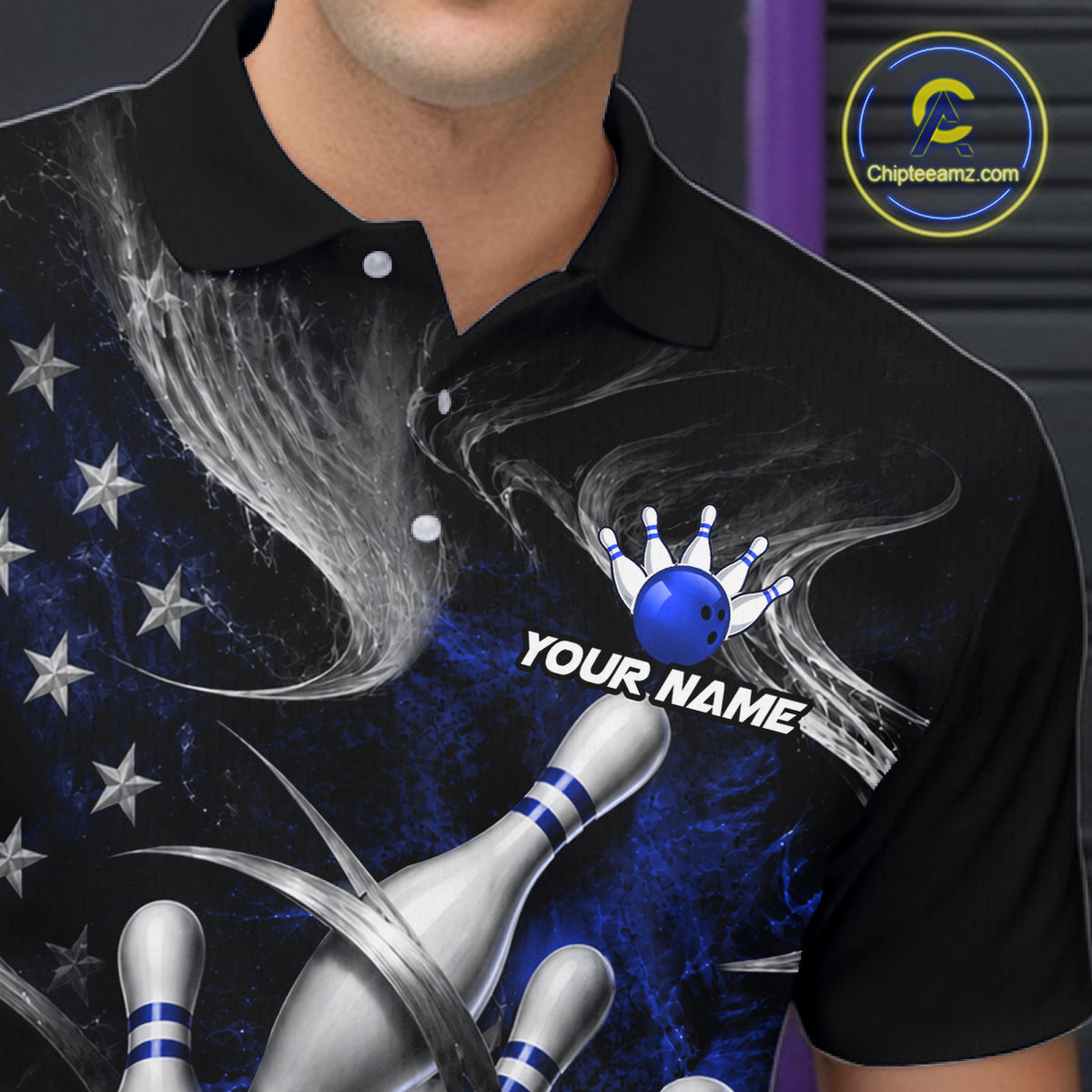 Custom Blue Silver Smoke Bowling Team Shirts Bowling Jersey for Men Bowling League HNT536