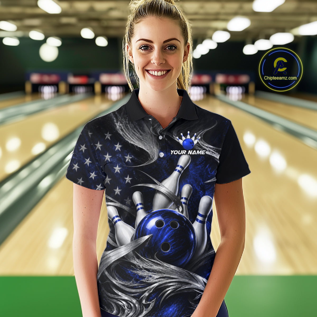 Custom Blue Silver Smoke Bowling Team Shirts Bowling Jersey for Women Bowling League HNT536