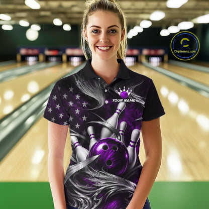 Custom Purple Silver Smoke Bowling Team Shirts Bowling Jersey for Women Bowling League HNT536