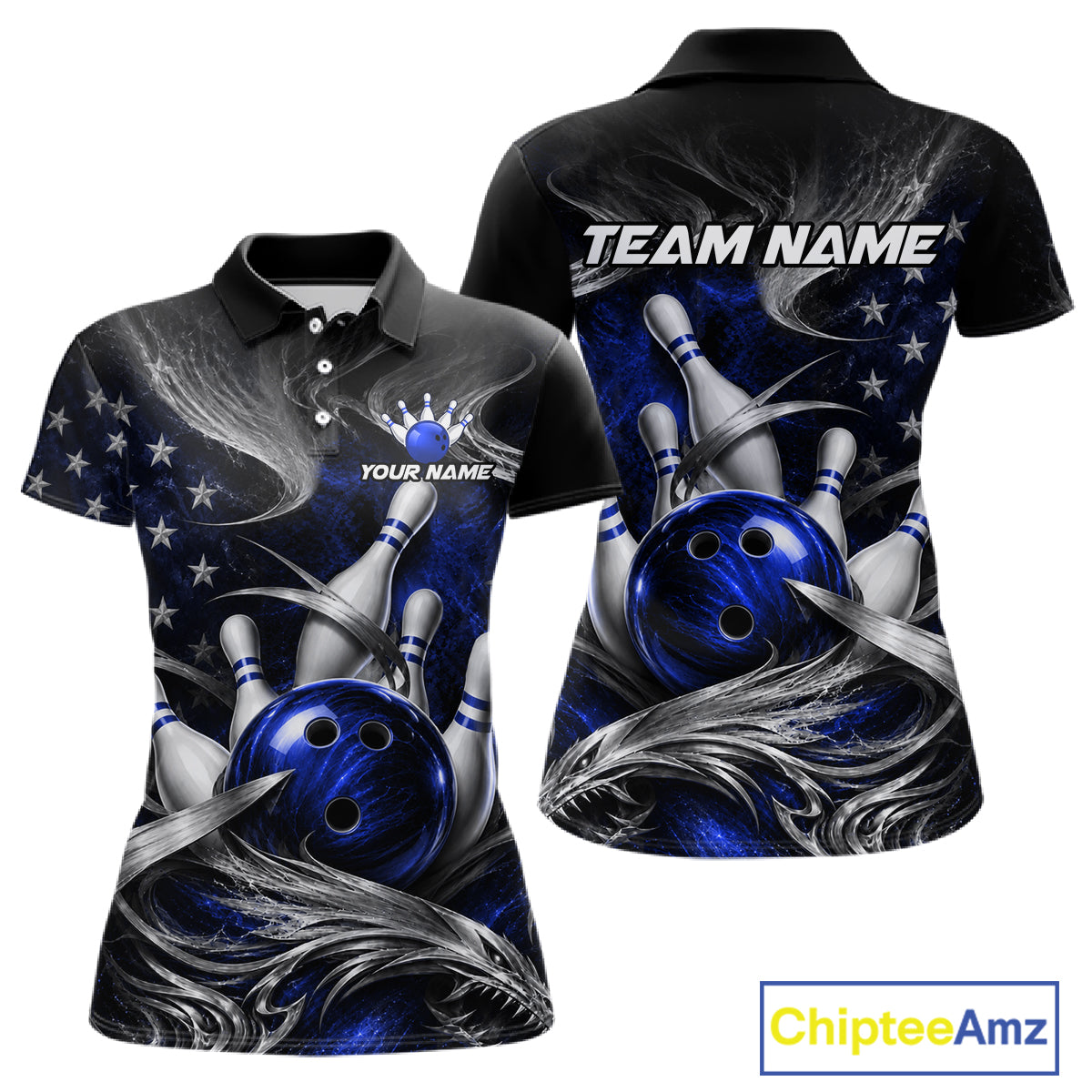Custom Blue Silver Smoke Bowling Team Shirts Bowling Jersey for Women Bowling League HNT536