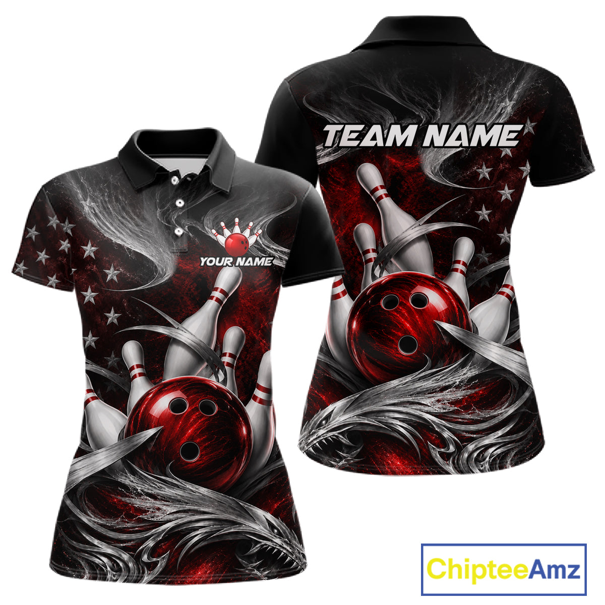 Custom Red Silver Smoke Bowling Team Shirts Bowling Jersey for Women Bowling League HNT536