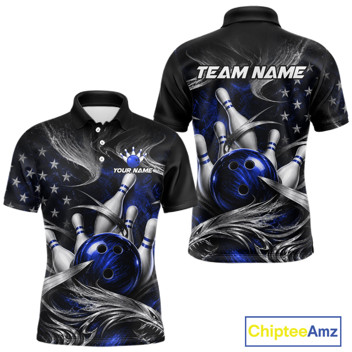 Custom Blue Silver Smoke Bowling Team Shirts Bowling Jersey for Men Bowling League HNT536