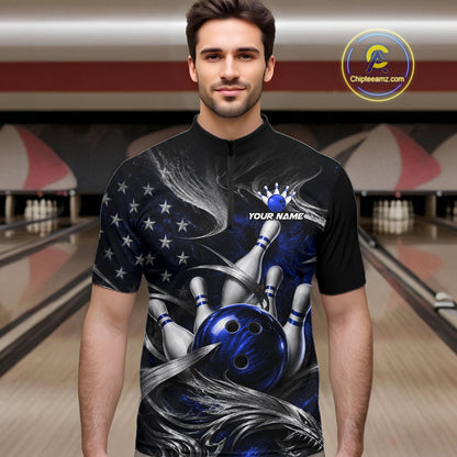 Custom Blue Silver Smoke Bowling Team Shirts Bowling Jersey for Men Bowling League HNT536