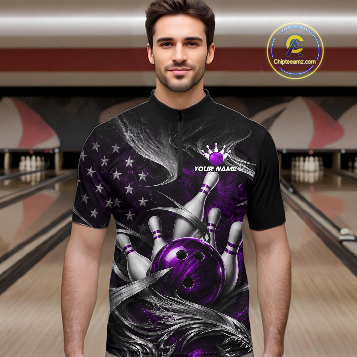 Custom Purple Silver Smoke Bowling Team Shirts Bowling Jersey for Men Bowling League HNT536