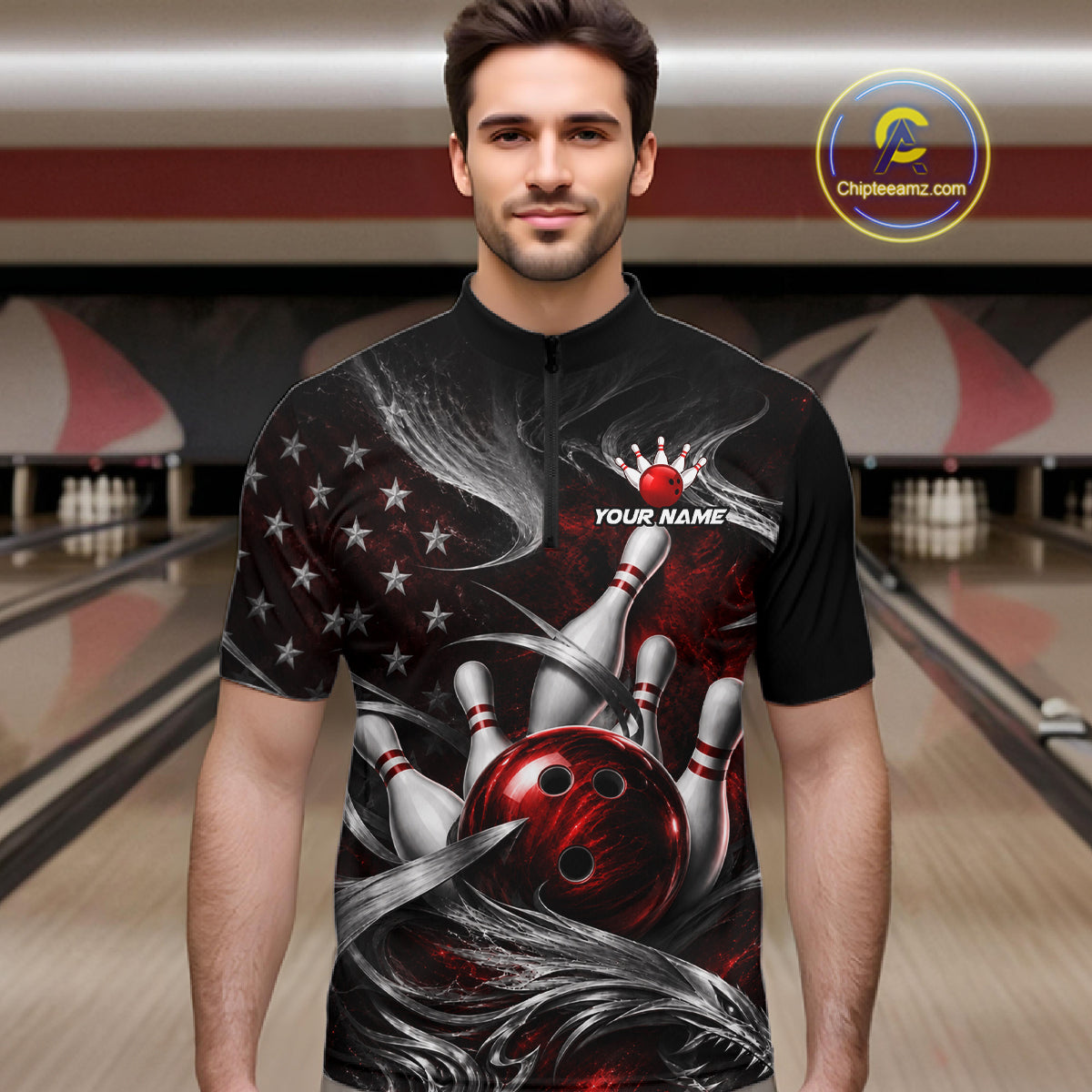 Custom Red Silver Smoke Bowling Team Shirts Bowling Jersey for Men Bowling League HNT536