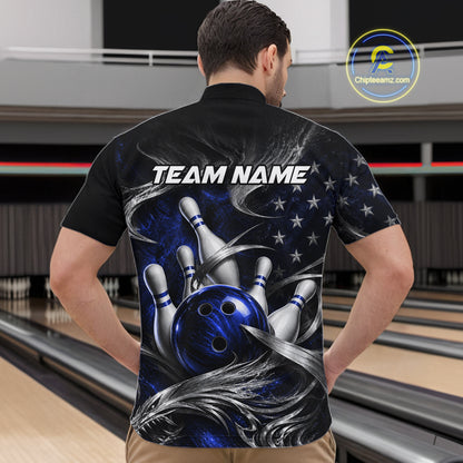 Custom Blue Silver Smoke Bowling Team Shirts Bowling Jersey for Men Bowling League HNT536