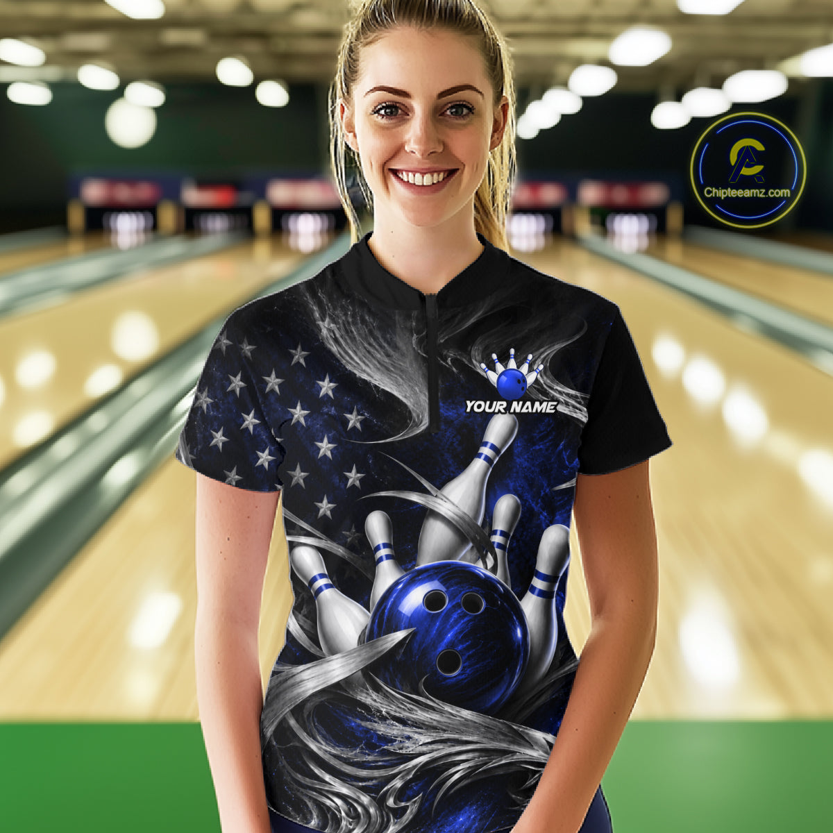 Custom Blue Silver Smoke Bowling Team Shirts Bowling Jersey for Women Bowling League HNT536