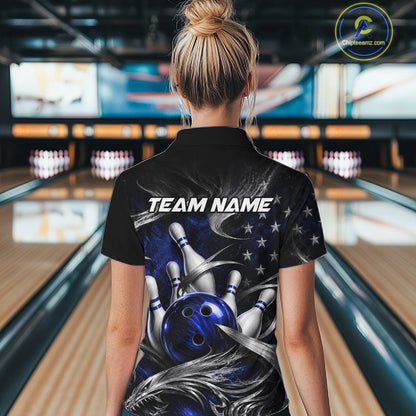 Custom Blue Silver Smoke Bowling Team Shirts Bowling Jersey for Women Bowling League HNT536