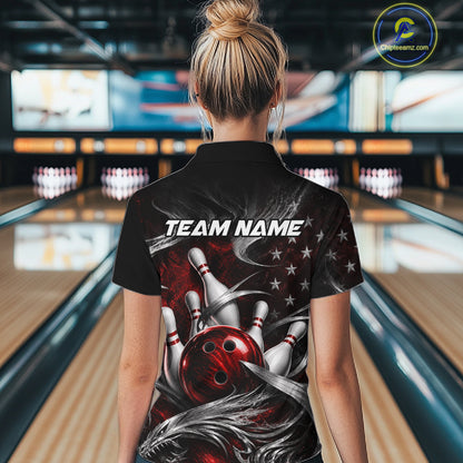 Custom Red Silver Smoke Bowling Team Shirts Bowling Jersey for Women Bowling League HNT536
