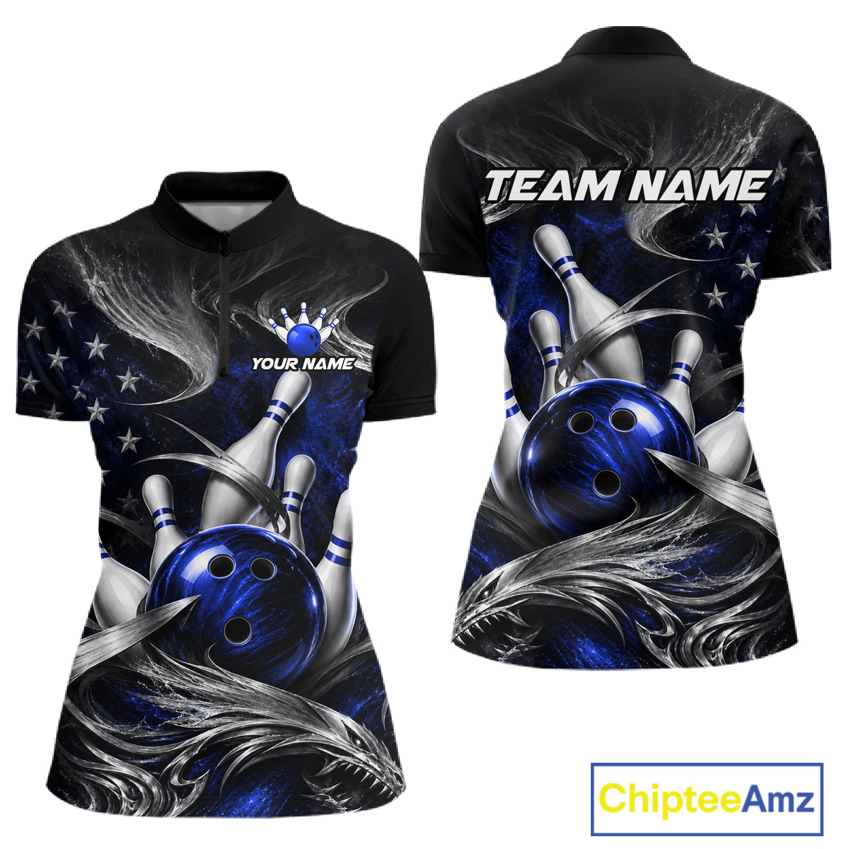Custom Blue Silver Smoke Bowling Team Shirts Bowling Jersey for Women Bowling League HNT536