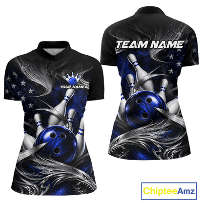 Custom Blue Silver Smoke Bowling Team Shirts Bowling Jersey for Women Bowling League HNT536